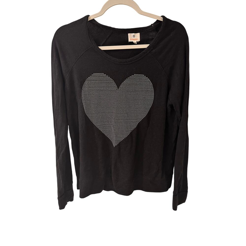 Sundry Pima Cotton Tencel Long Sleeved Embellished Heart Top Black Silver, 2 (M)